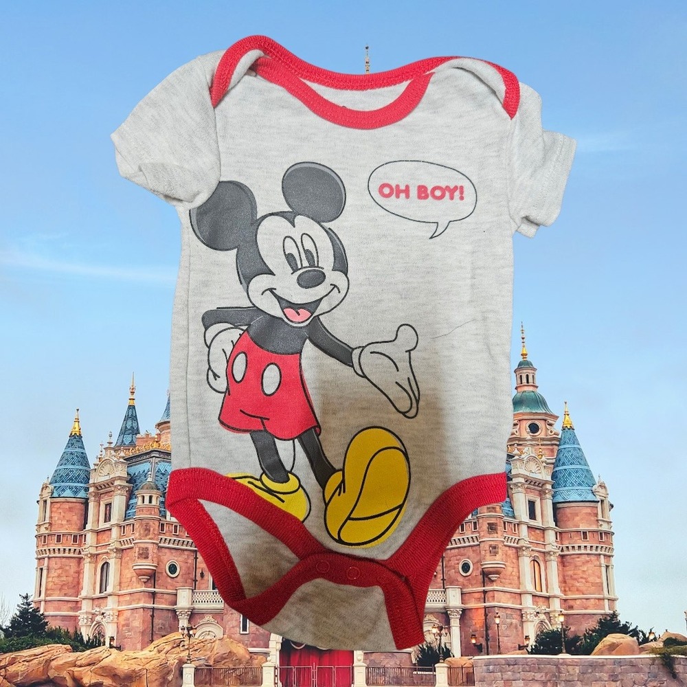 Disney Mickey Mouse Bodysuit Oh Boy Gray‎ Red Baby Infant Romper Onesie